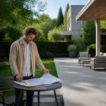 Homme examinant des plans sur une terrasse moderne