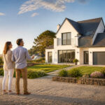 Couple heureux devant leur nouvelle maison moderne