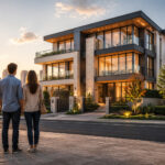 Couple admirant une maison moderne au coucher du soleil
