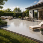 Terrasse moderne en resine grise avec mobilier dexterieur