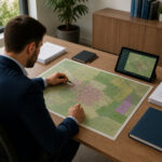 Homme examinant une carte cadastrale