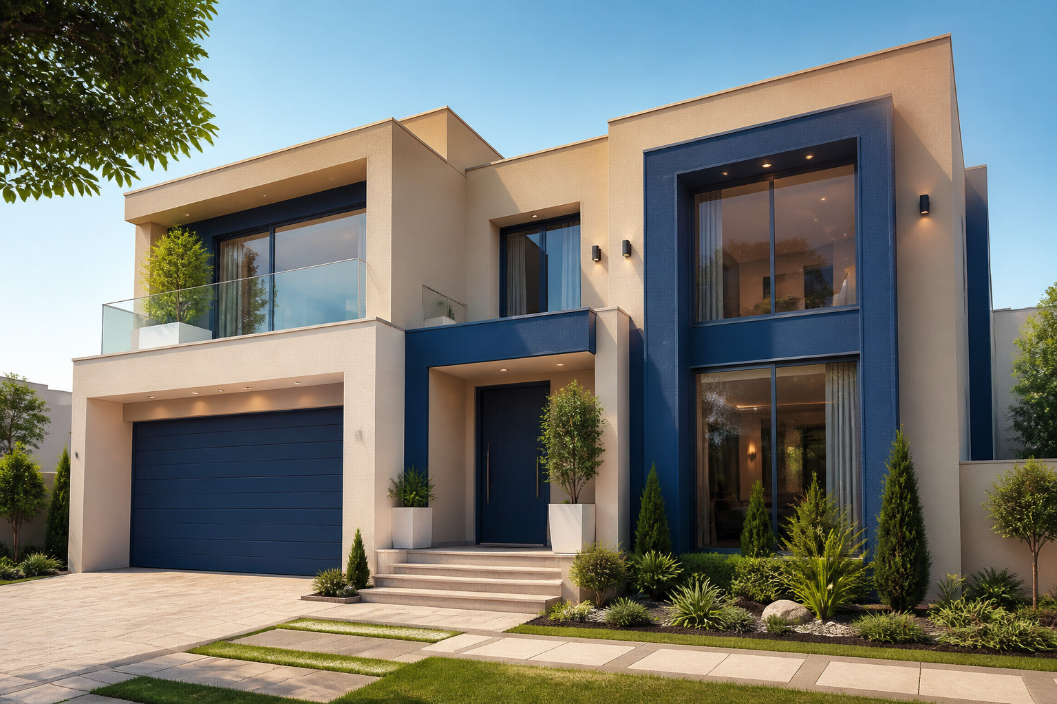 Couleur façade maison : beige et bleu pour un look moderne